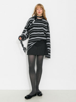 Retro Striped Pullover Sweater with Scarf