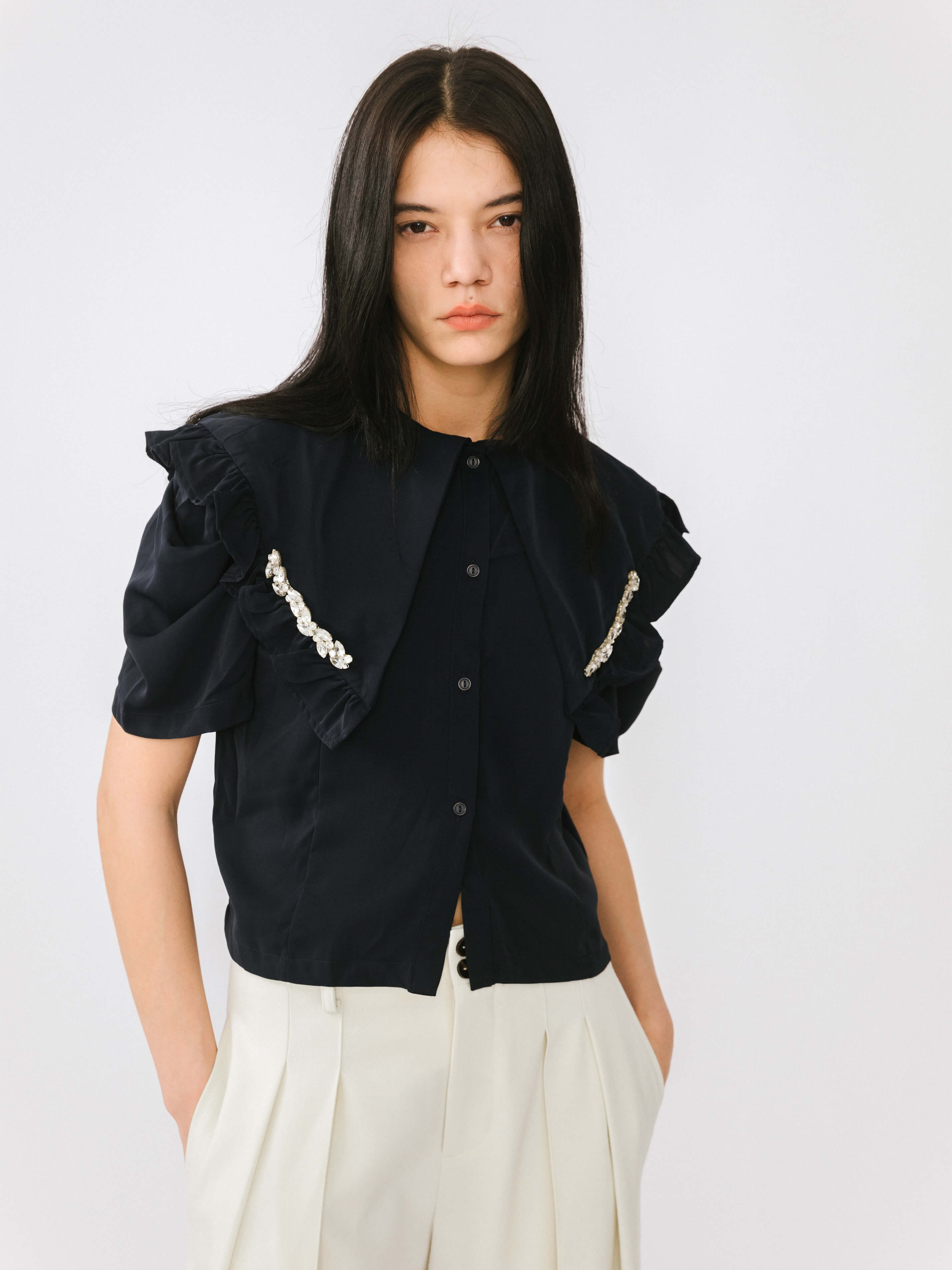 Large Lapel Strass Puff Sleeves T-shirt-7