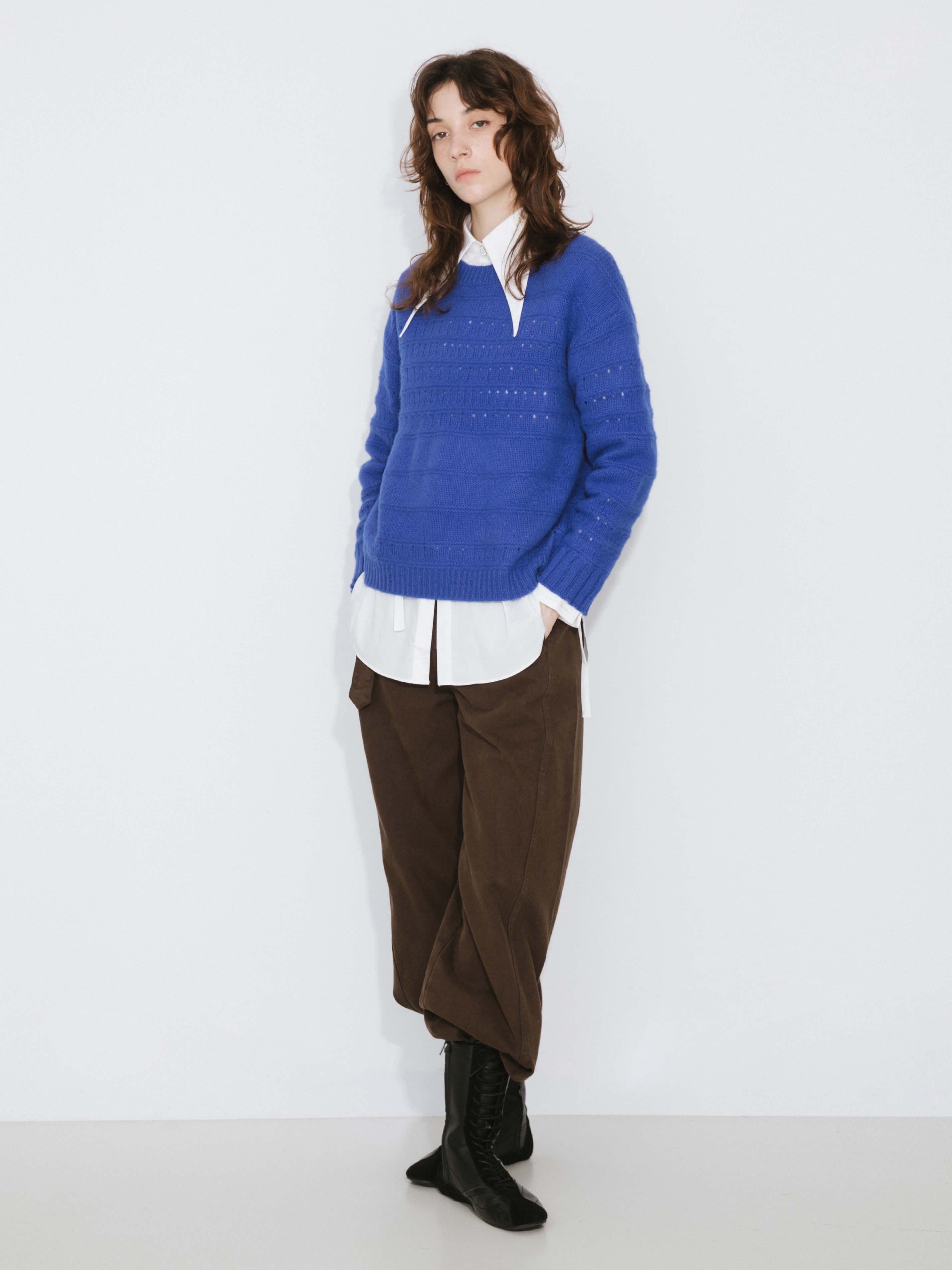 Hollowed 100% Wool Long Sleeves Knit Sweater-11