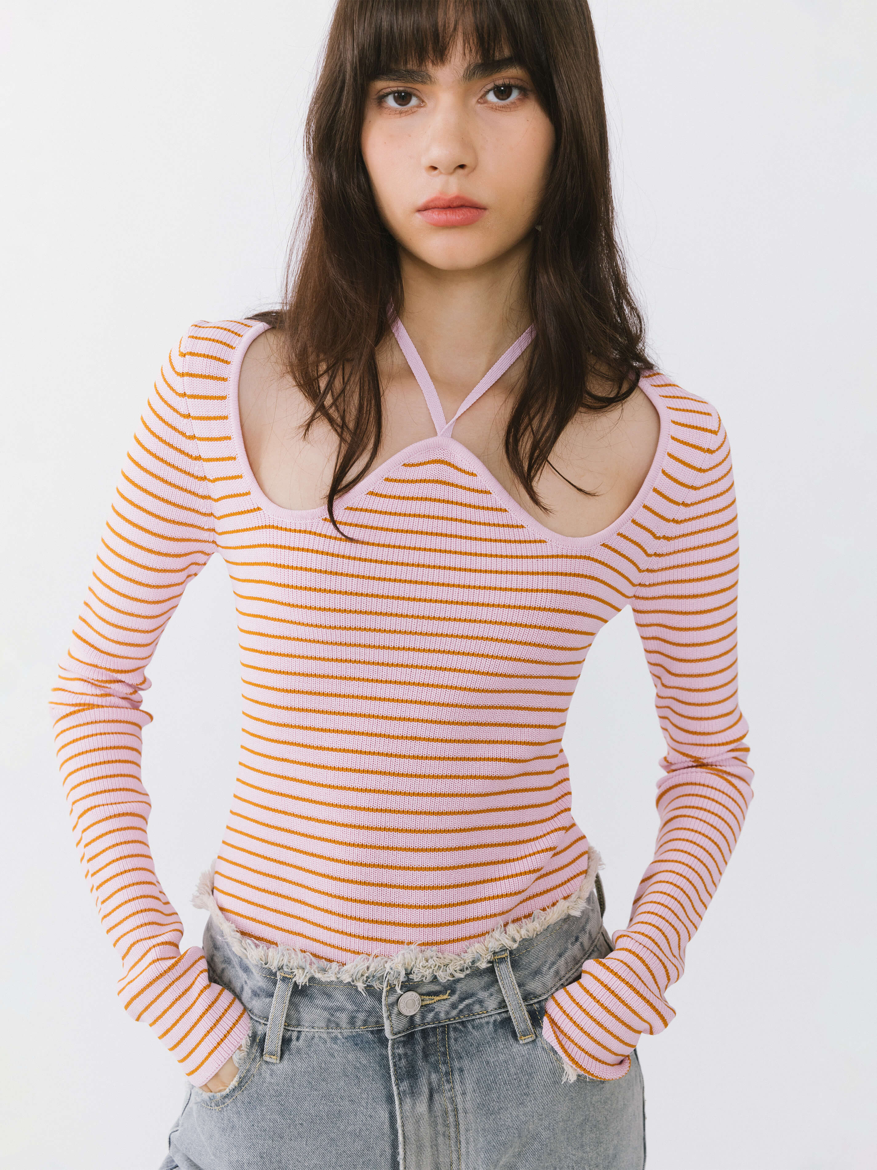 Chest Cut Out Striped Long Sleeve Top-7