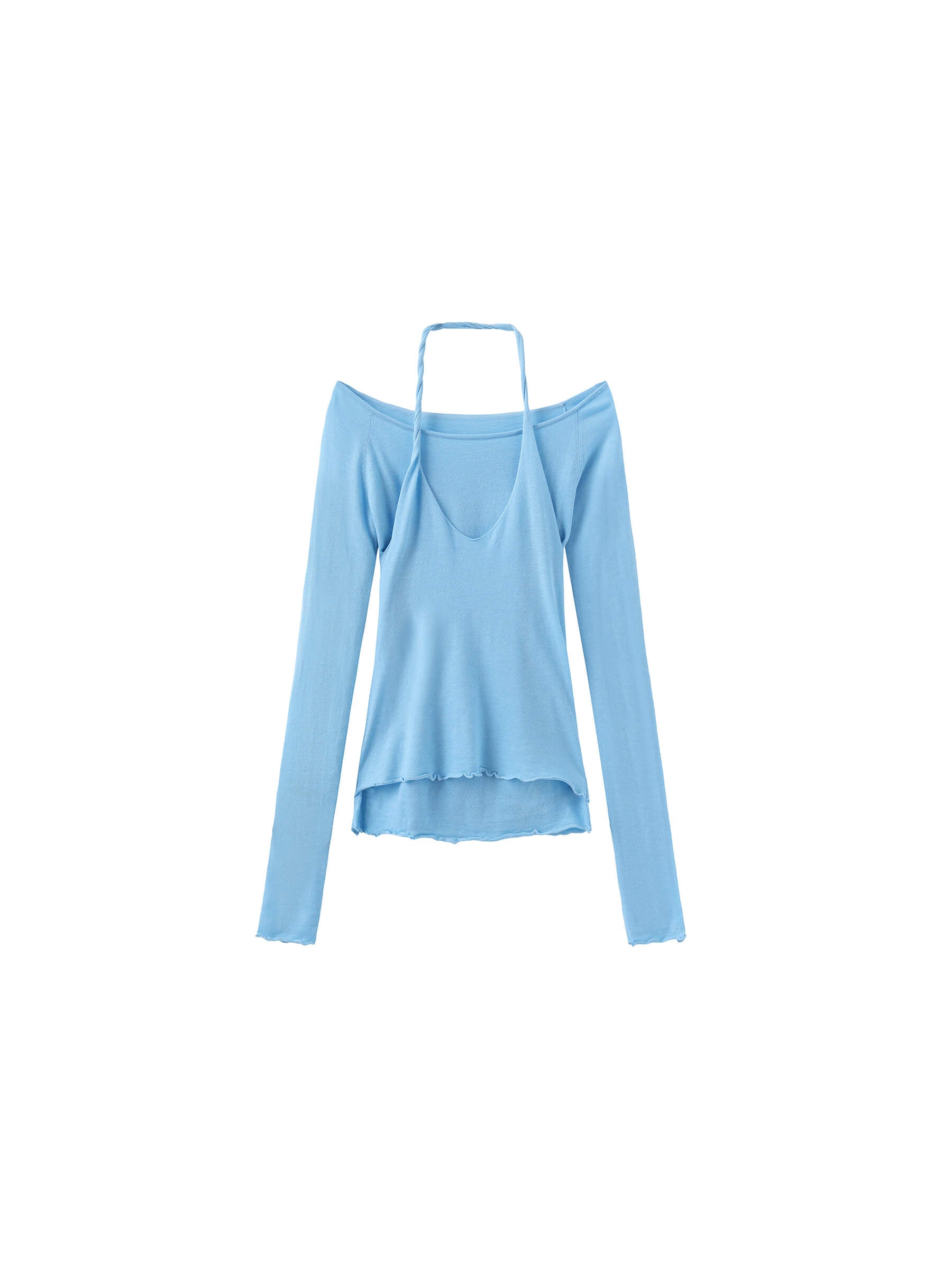Blue Halter Neck Knit Top with Wool Blend-5
