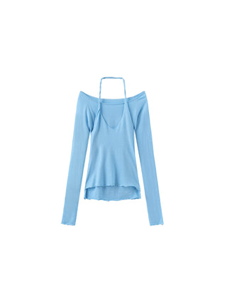 Blue Halter Neck Knit Top with Wool Blend