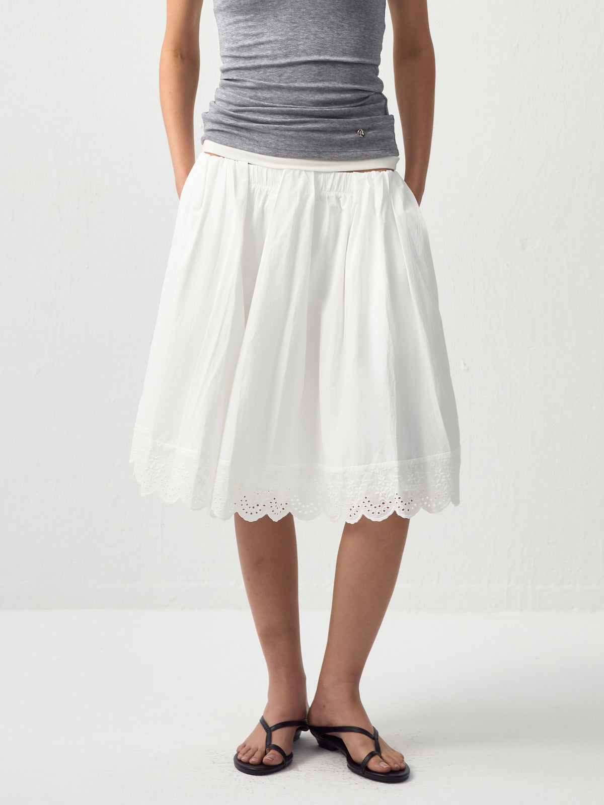 Embroidered A-Line Cotton Midi Skirt-7