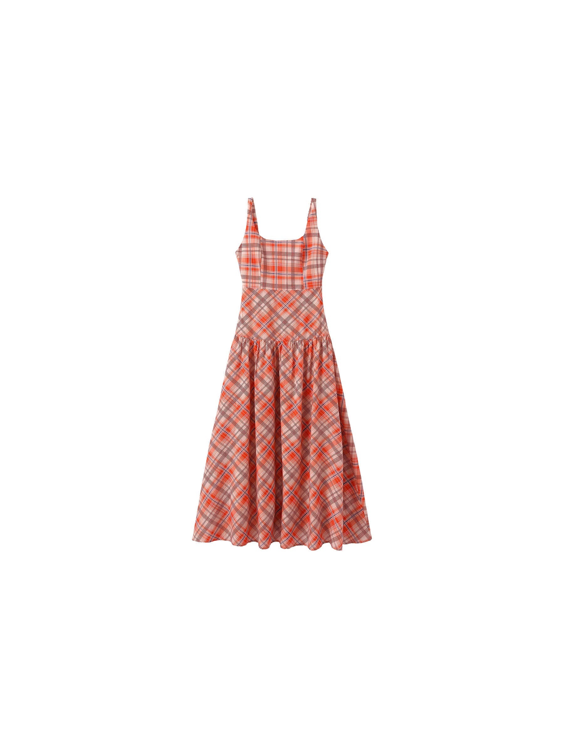 Red Check Print Square Neck Dress-8