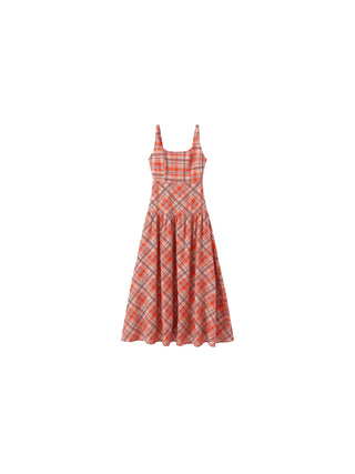 Red Check Print Square Neck Dress