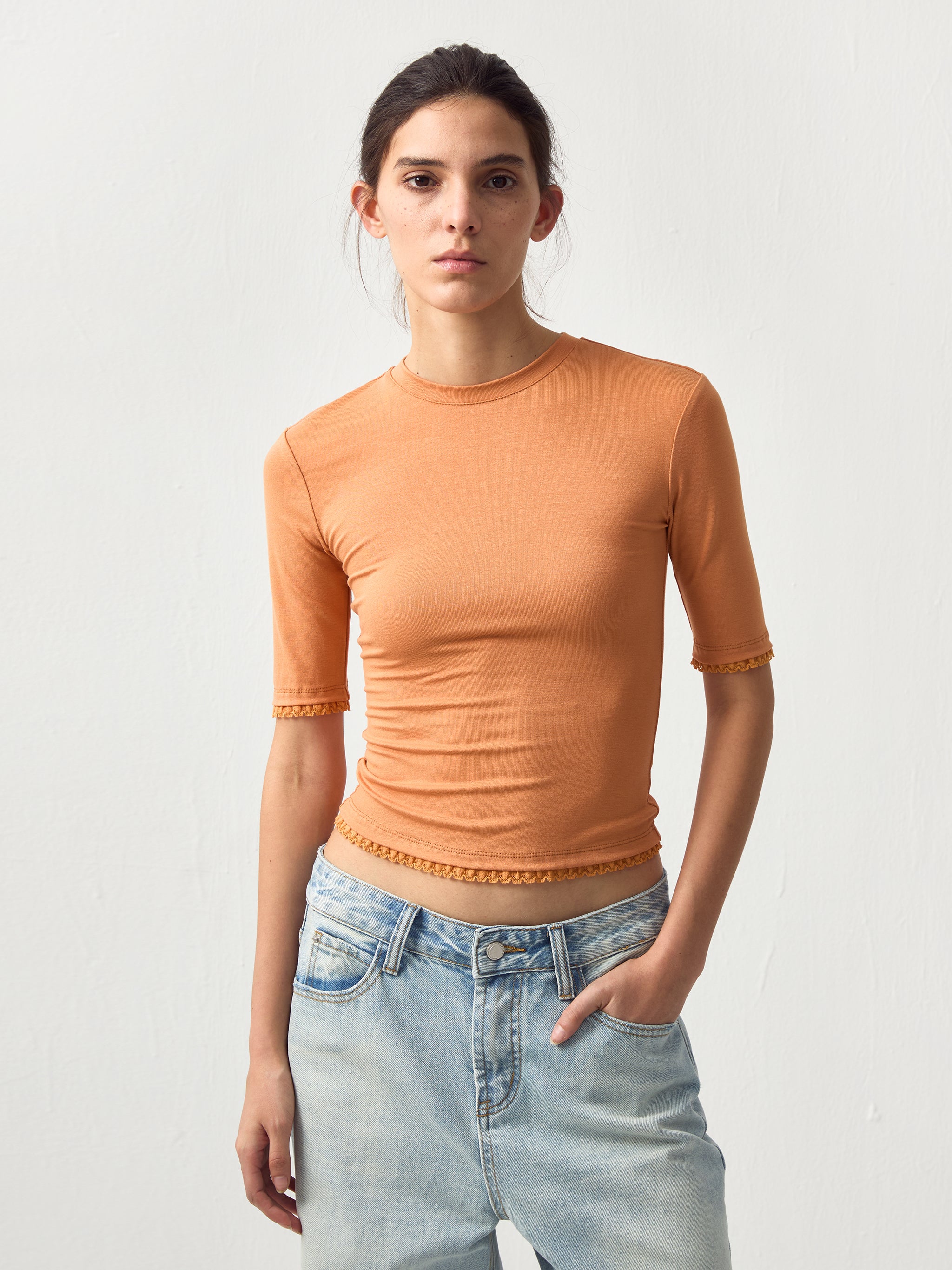 CUBIC Lace Trim Fitted Mid-Sleeve Top-7