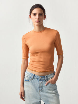 CUBIC Lace Trim Fitted Mid-Sleeve Top