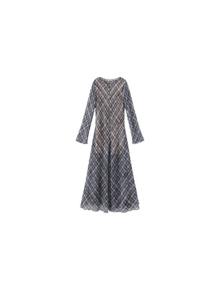 Checkered Crew Neck Long Sleeve Dress