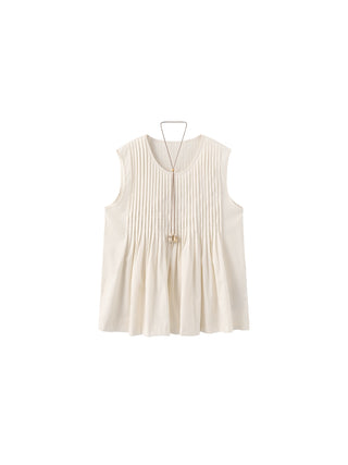 Pleated Sleeveless Blouse with Necklace