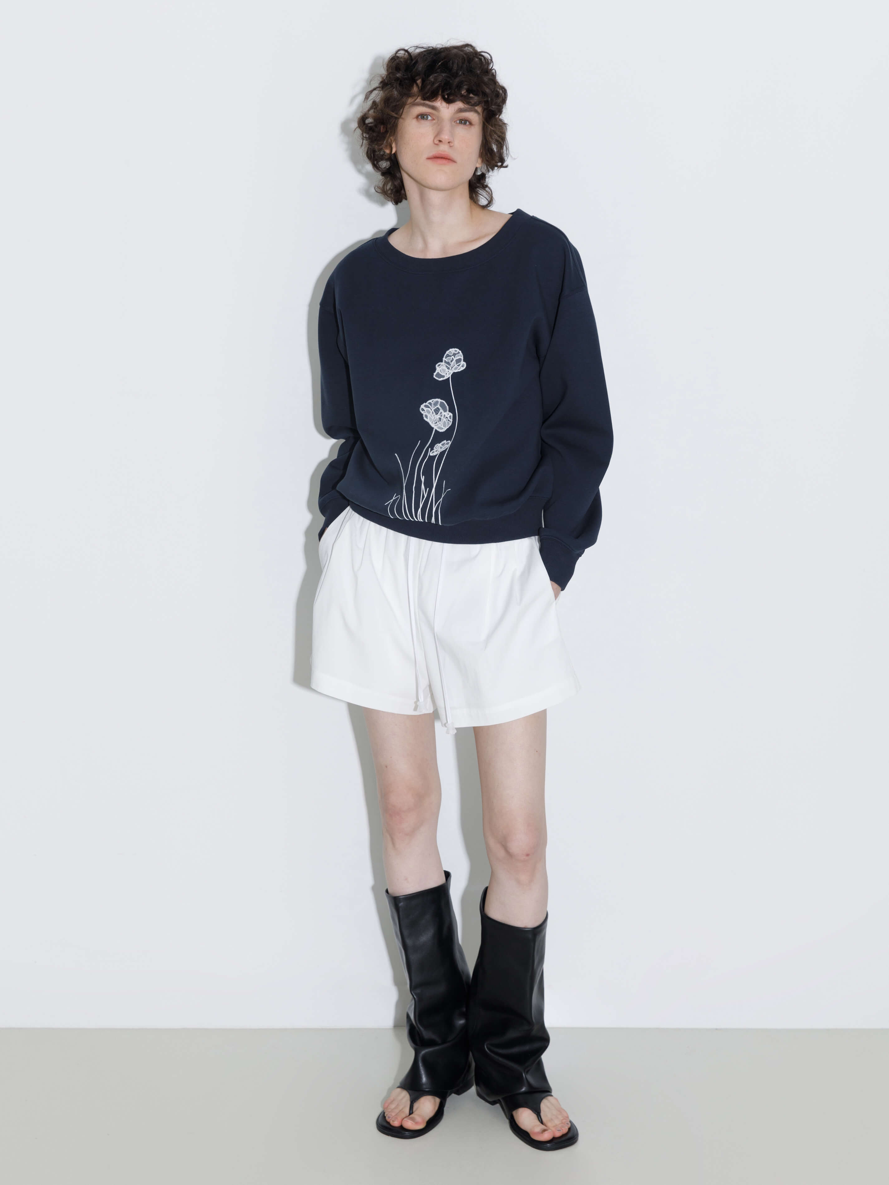 Lace Print Oversized Sweatshirt with Wide Neckline-5