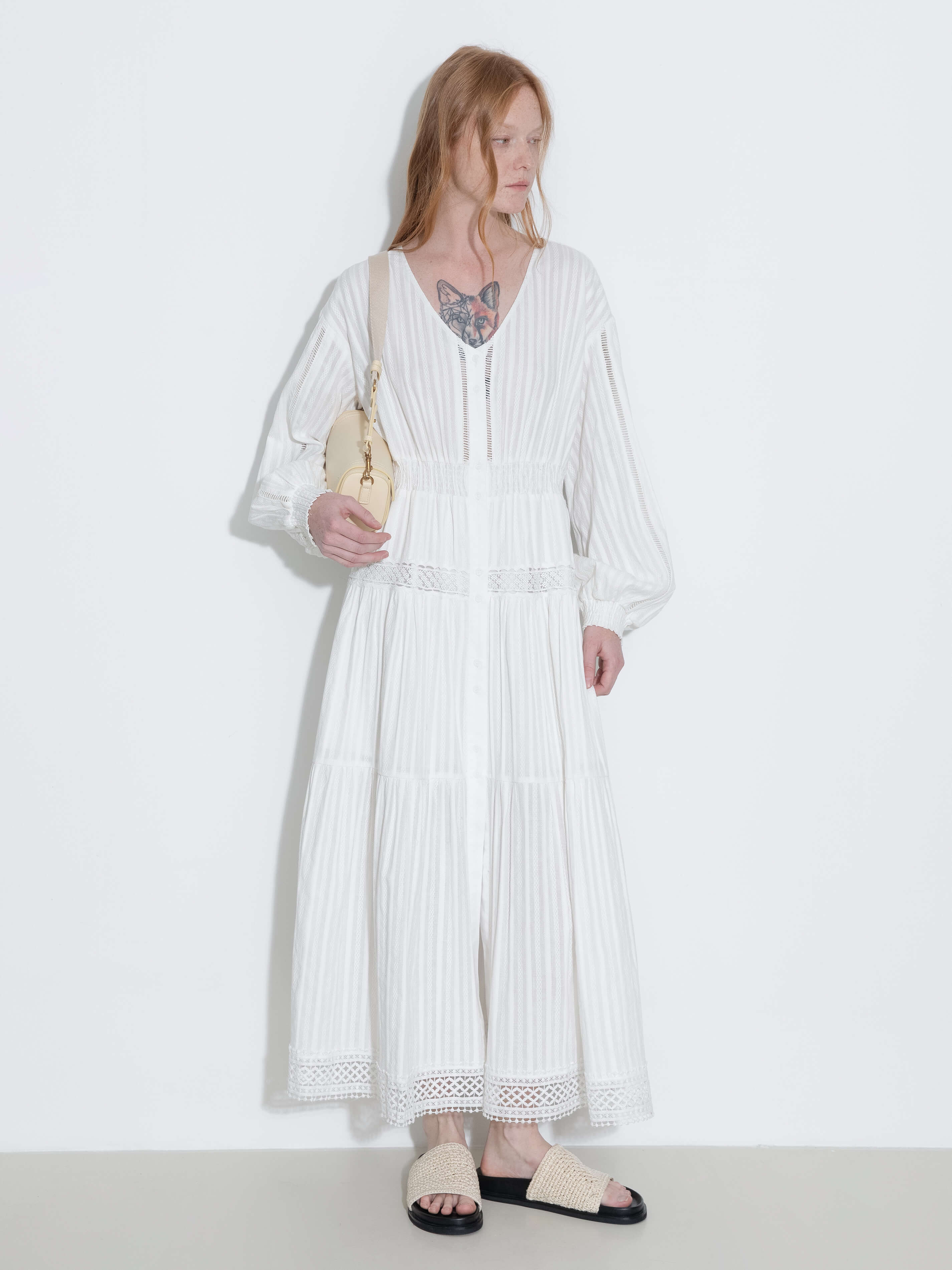 100% Cotton Lace Hollow V-Neck Waist-Cinched Maxi Dress-12