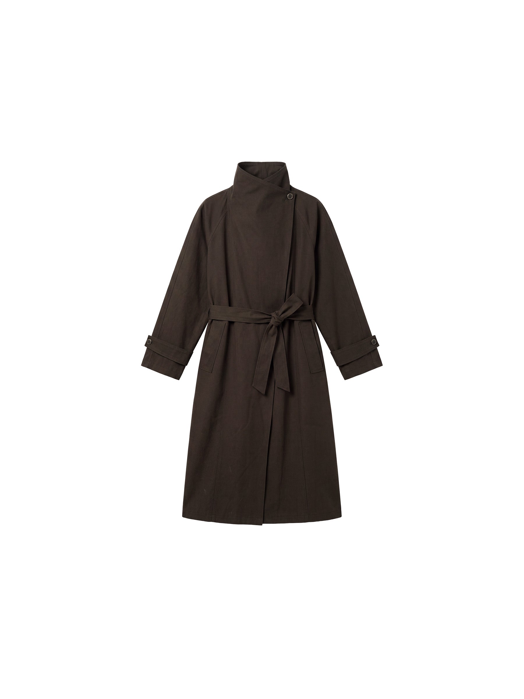CUBIC Stand Collar Belted Long Trench Coat-7