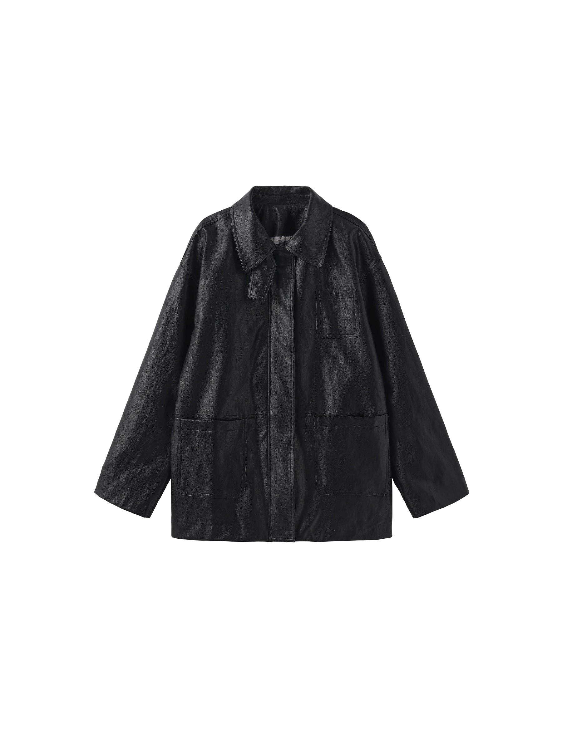 Stand Collar Oversized Leather Jacket-7