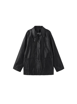 Stand Collar Oversized Leather Jacket