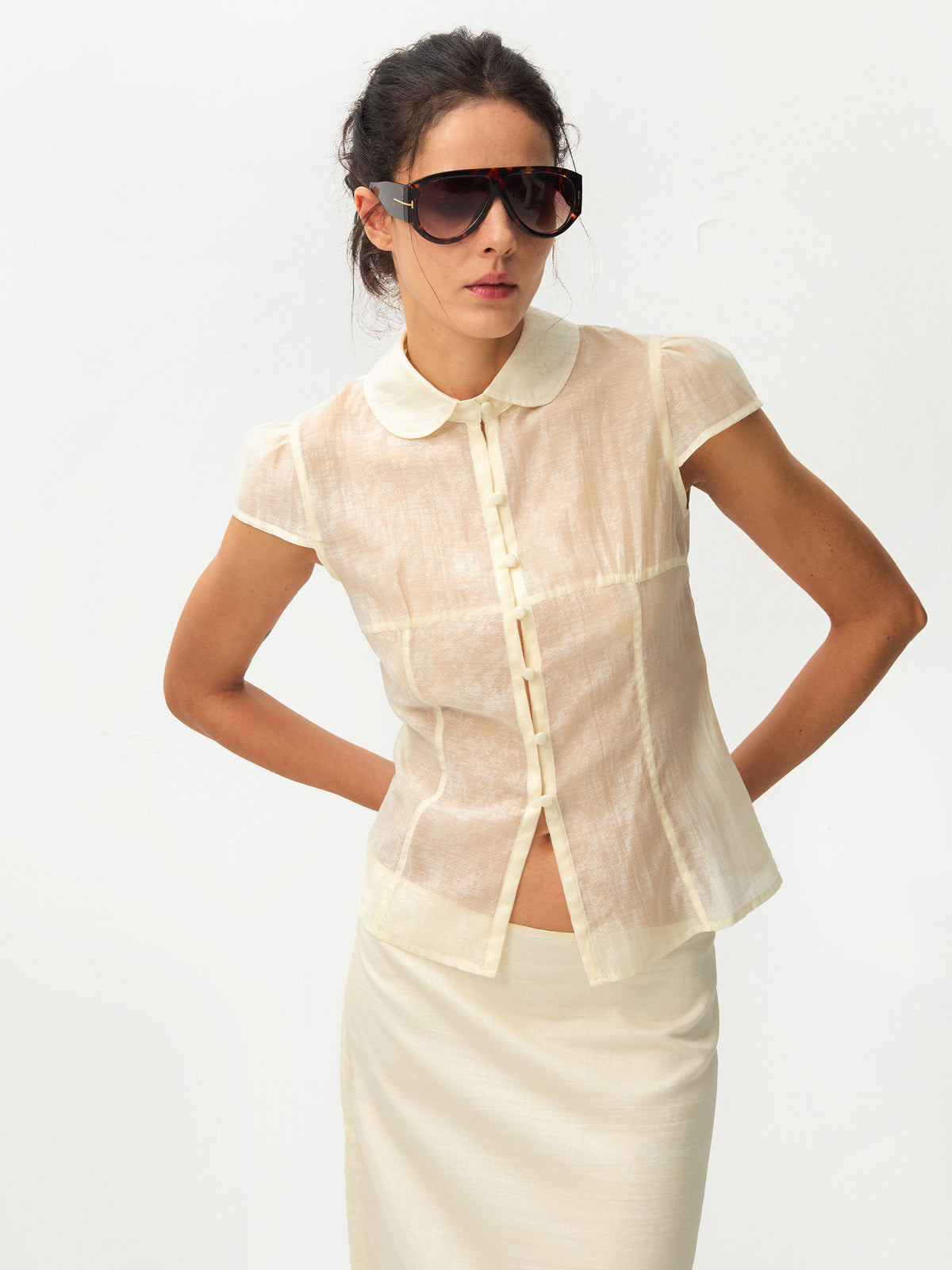 CUBIC Lyocell Semi-Sheer Fitted Blouse-7