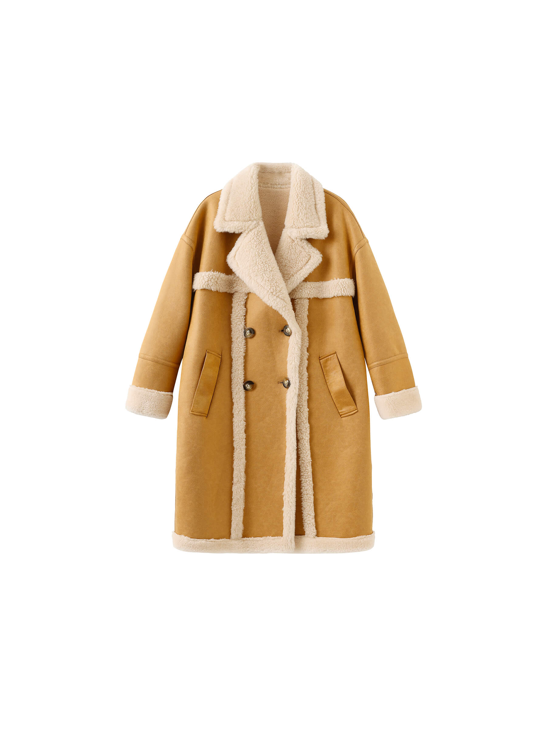 Yellow Faux Leather Sheep Wool Long Coat-8