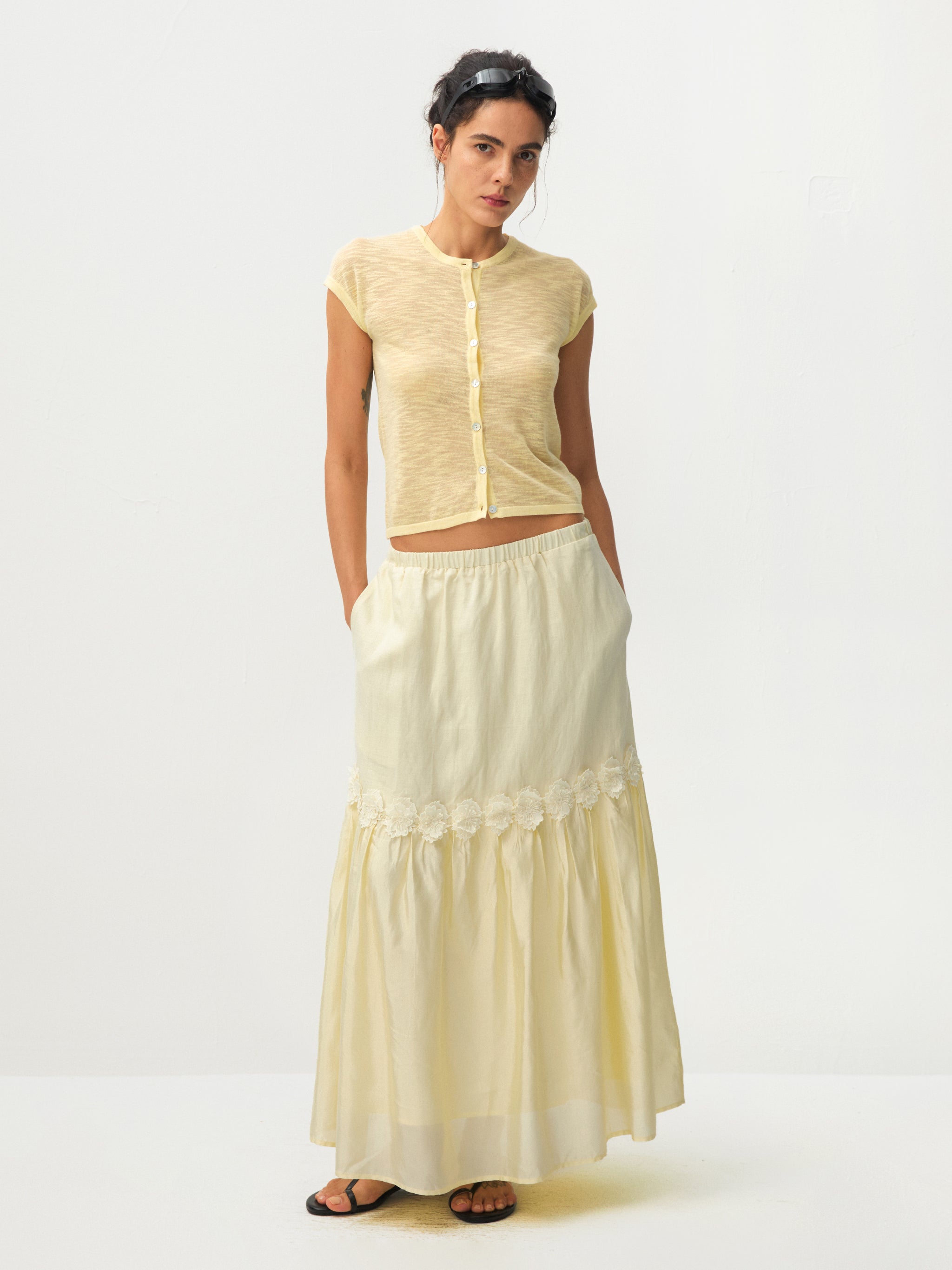 CUBIC Floral Appliqué Tiered Maxi Skirt-7