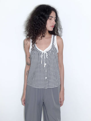 Lace Patchwork Checked Tank Top