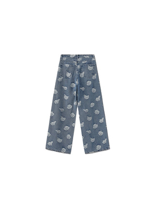 Retro Rose Print Washed Straight Leg Jeans