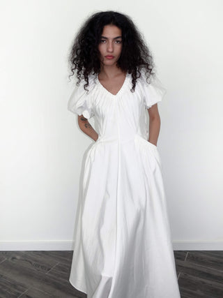 V-neck Pleated Puff Sleeve Dress