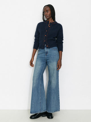 Wool-Blend Contrast Ribbed Cuff Cardigan