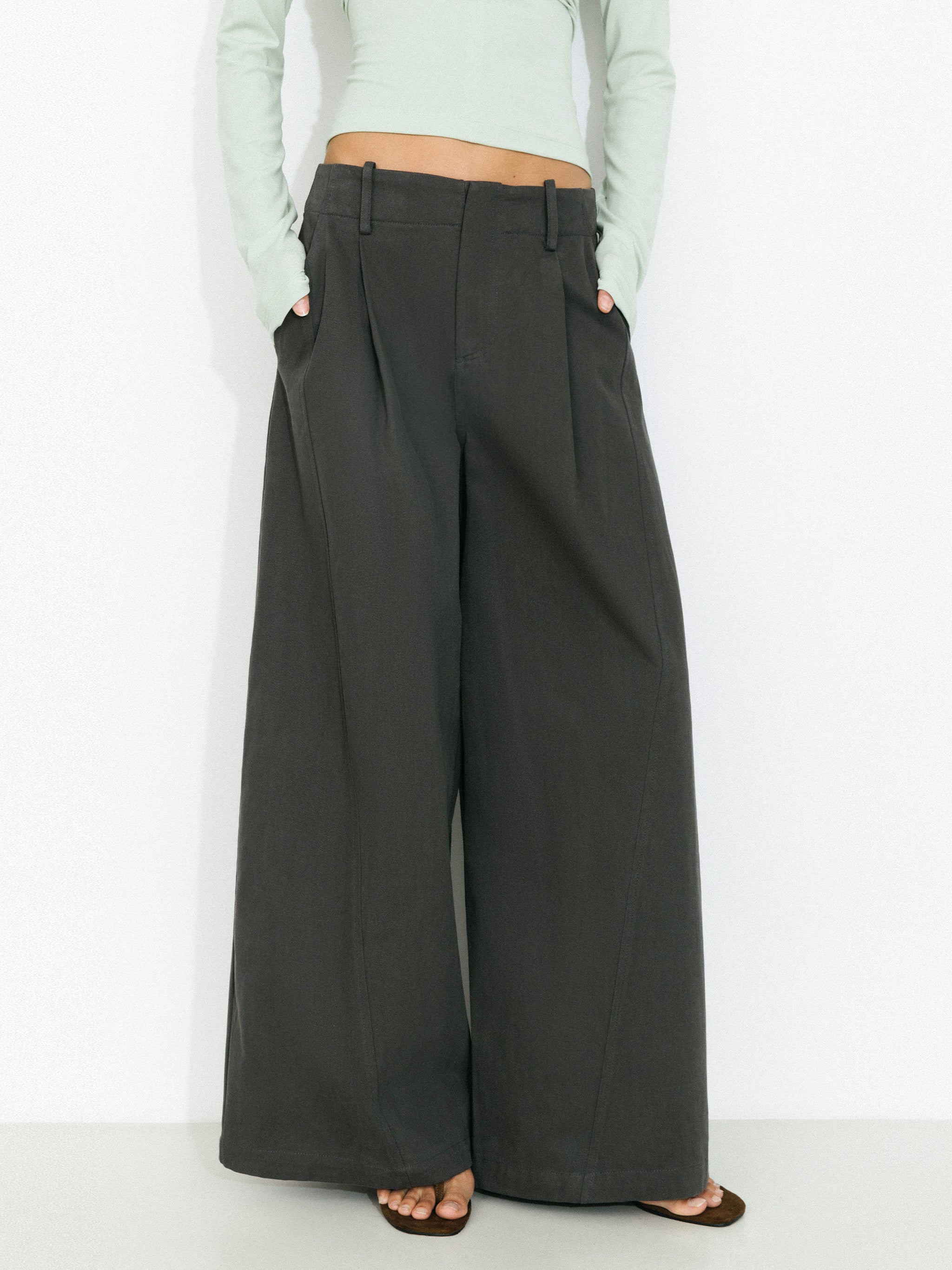 100% Cotton High-Waisted Wide-Leg Casual Trousers-2
