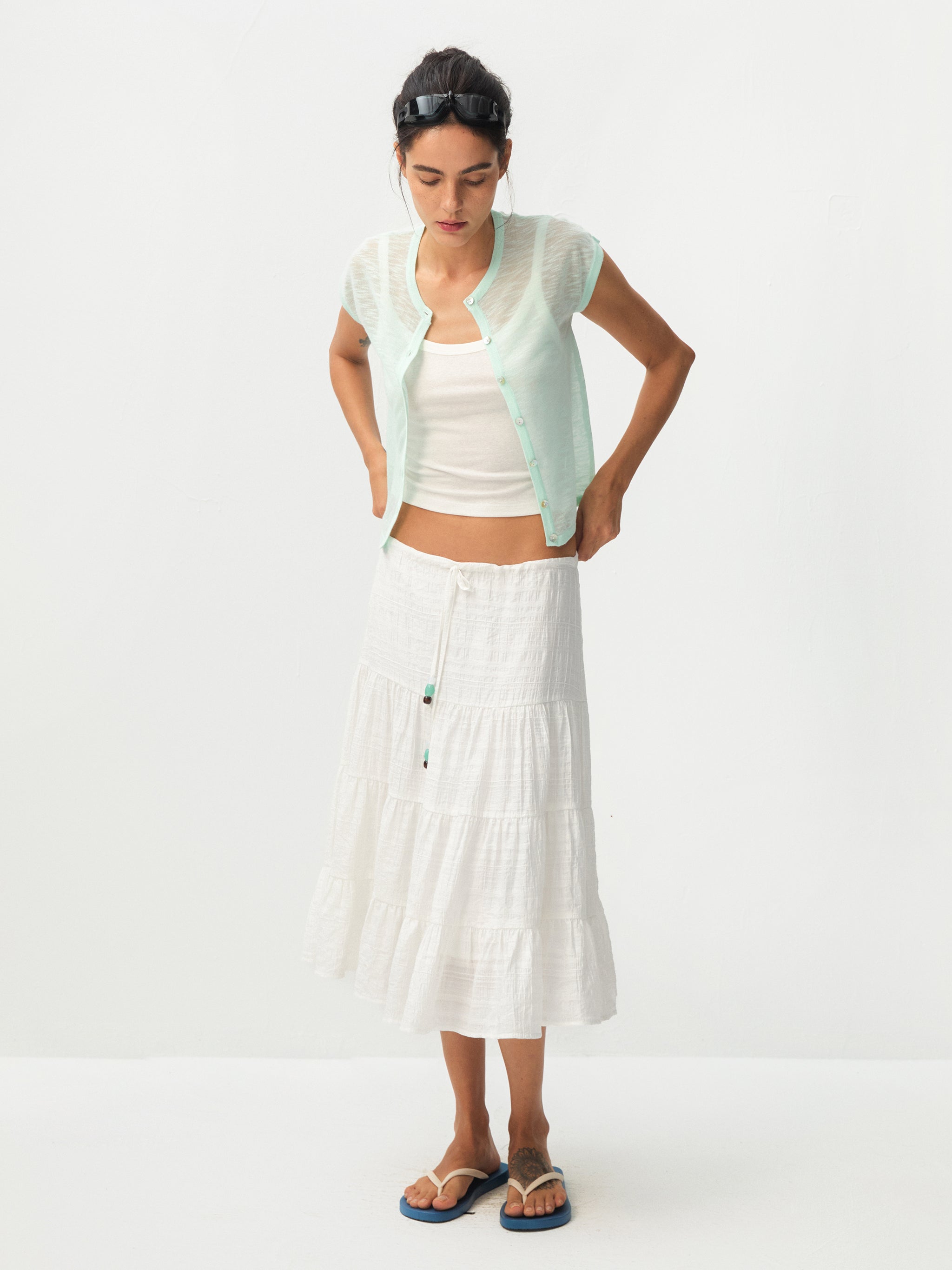 CUBIC Lyocell Linen Blend Tiered Striped Midi Skirt-8