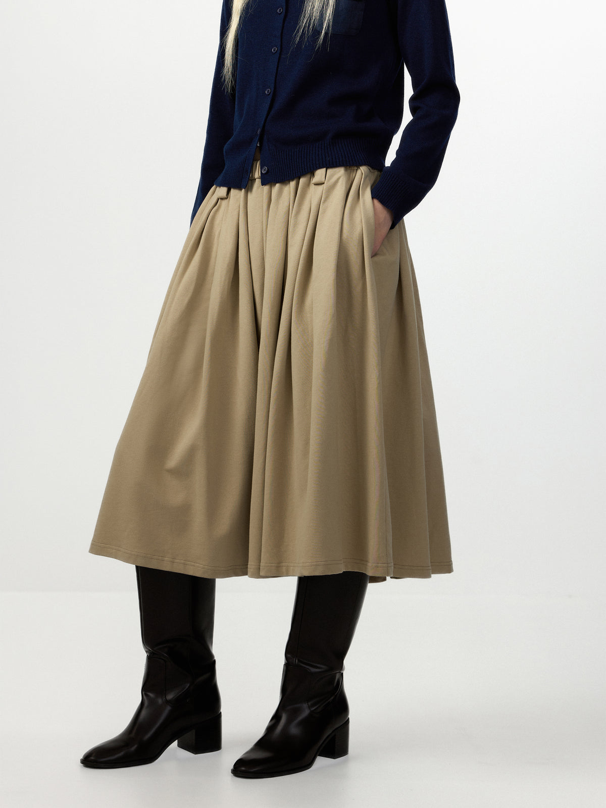 CUBIC 100% Cotton Pleated A‑Line Midi Skirt-8