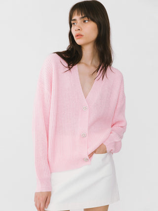 Casual V-Neck Ribbed Knit Cardigan with Wool Blend