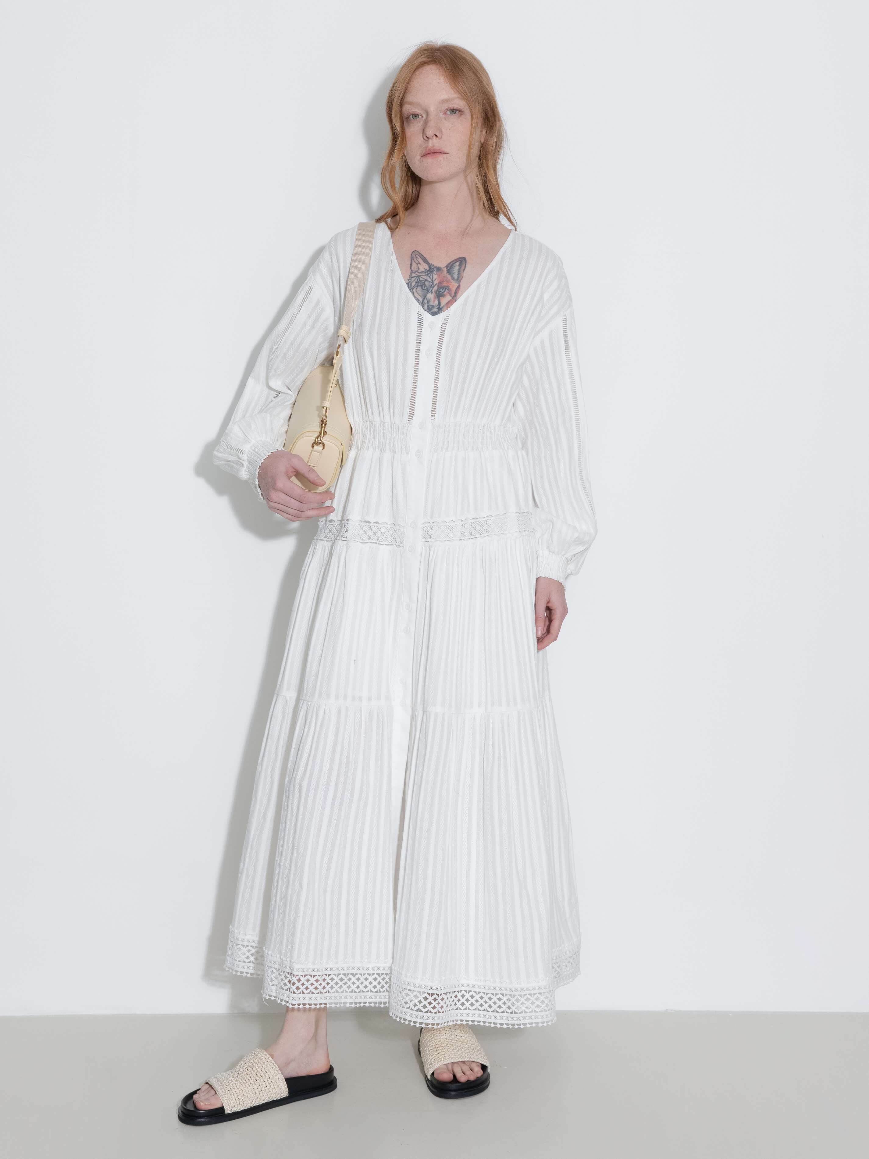 100% Cotton Lace Hollow V-Neck Waist-Cinched Maxi Dress-13