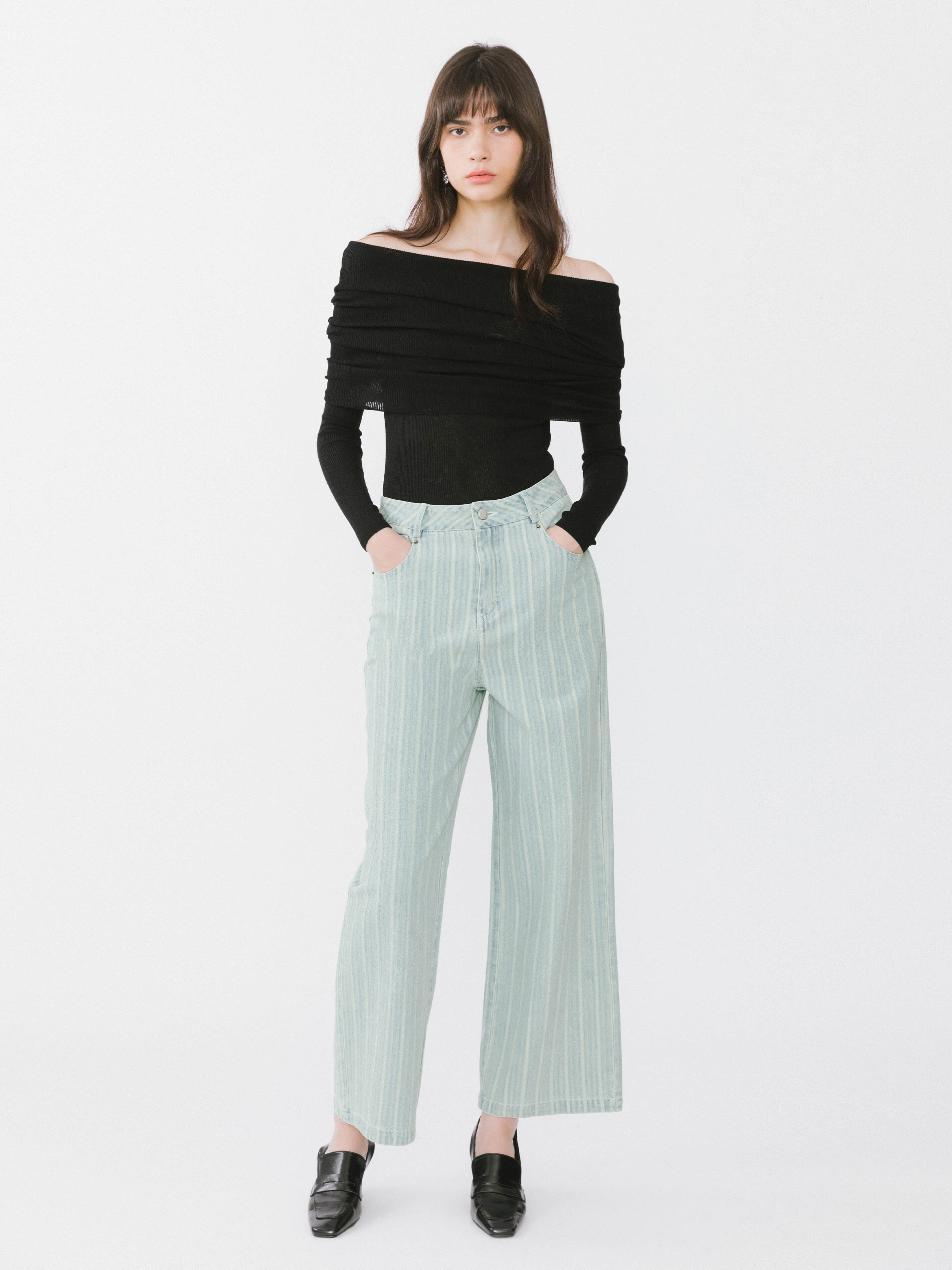 Pinstriped Wide Leg Cropped Jeans-8