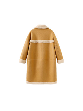 Yellow Faux Leather Sheep Wool Long Coat