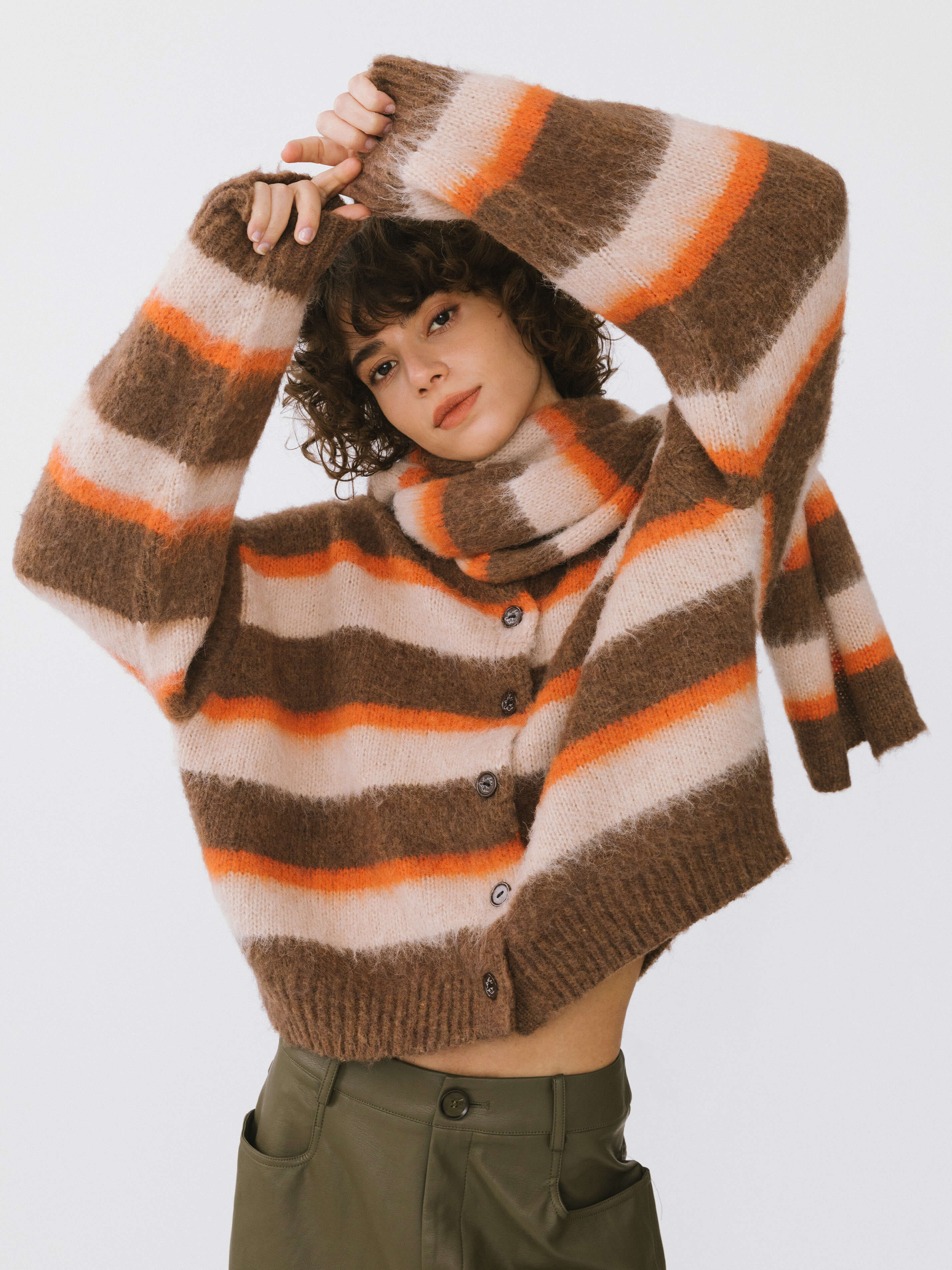 Striped Color Block Wool Knit Cardigan With Scarf-7