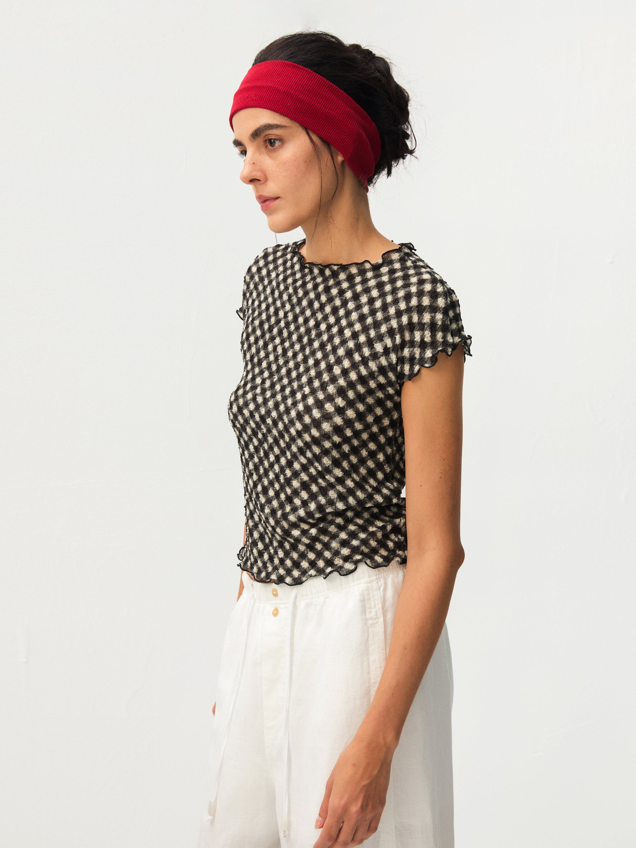 CUBIC Gingham Print Ruffle-Edge Top-8