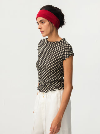 CUBIC Gingham Print Ruffle-Edge Top