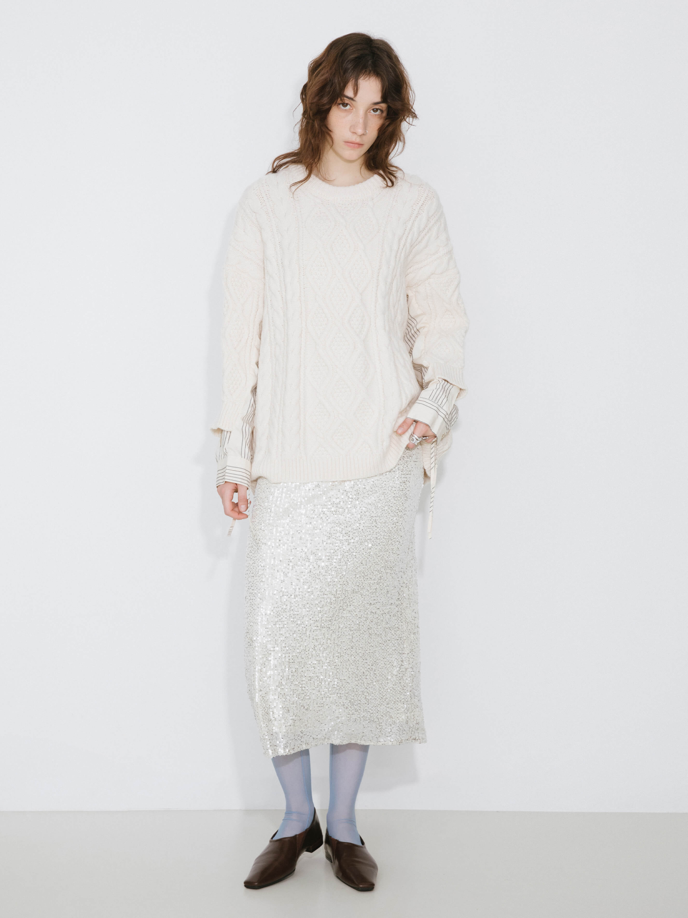 Cable Knit Jumper With Shirting Sleeves-9