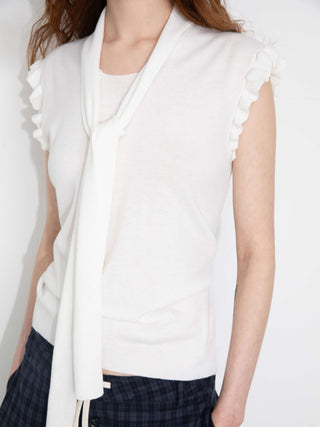 Ruffled Sleeve Sleeveless Knit Top with Attached Scarf