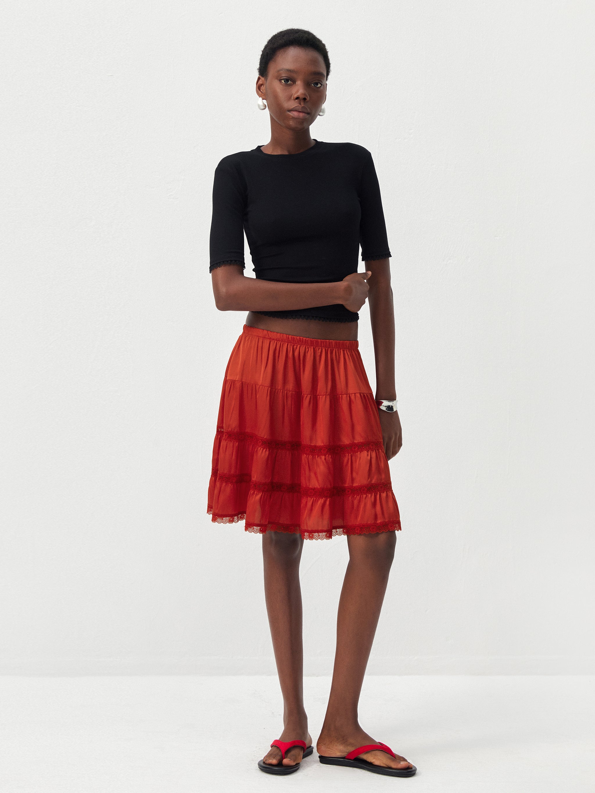 CUBIC Lace Tiered Satin Mini Skirt-8