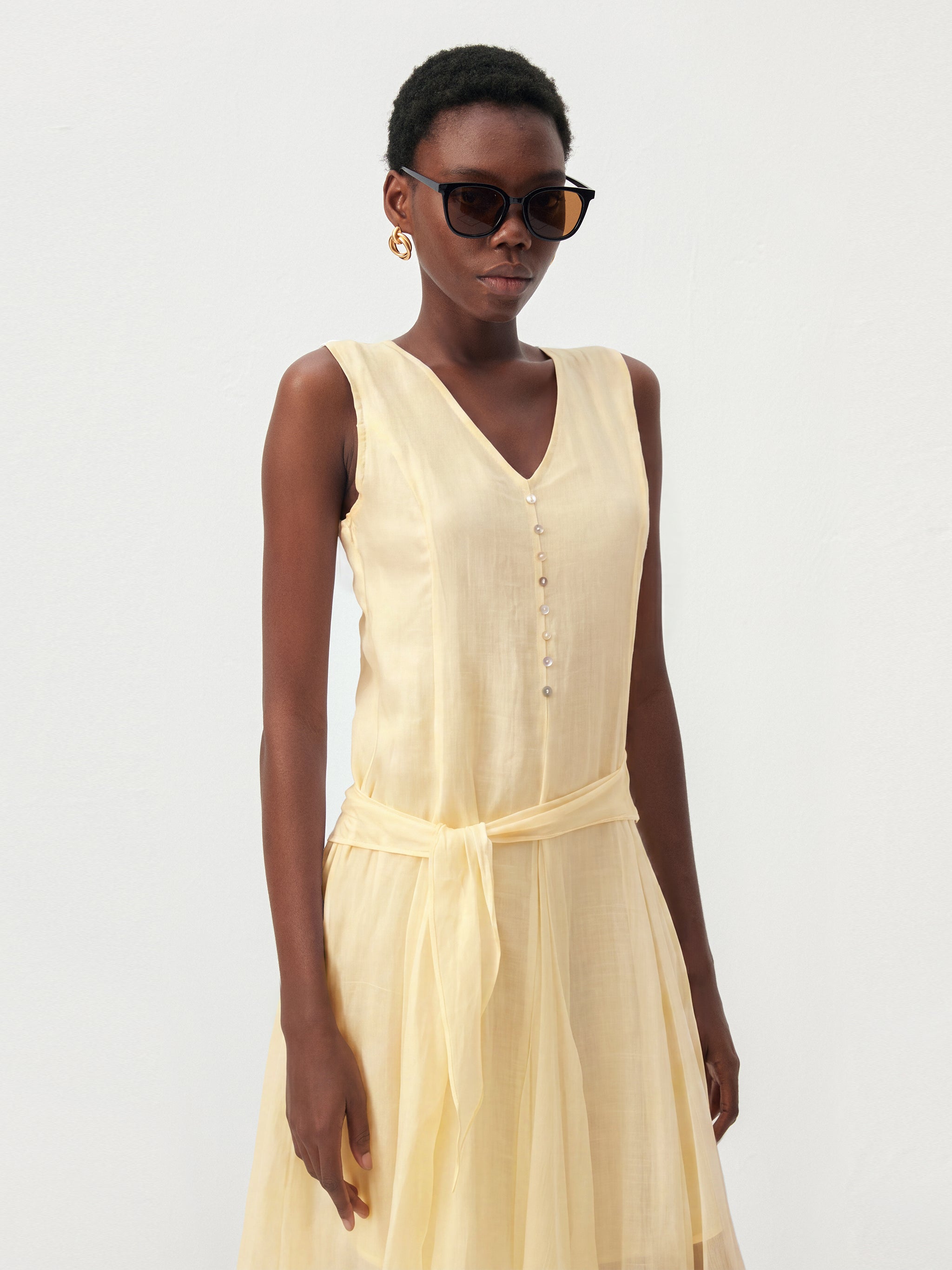 CUBIC Ramie & Chiffon Two-Piece Belted Midi Dress-8