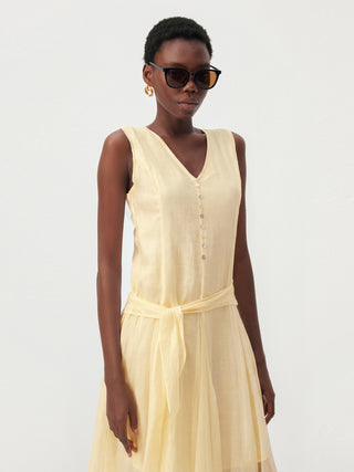 CUBIC Ramie & Chiffon Two-Piece Belted Midi Dress