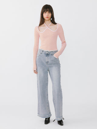 Chest Cut Out Striped Long Sleeve Top