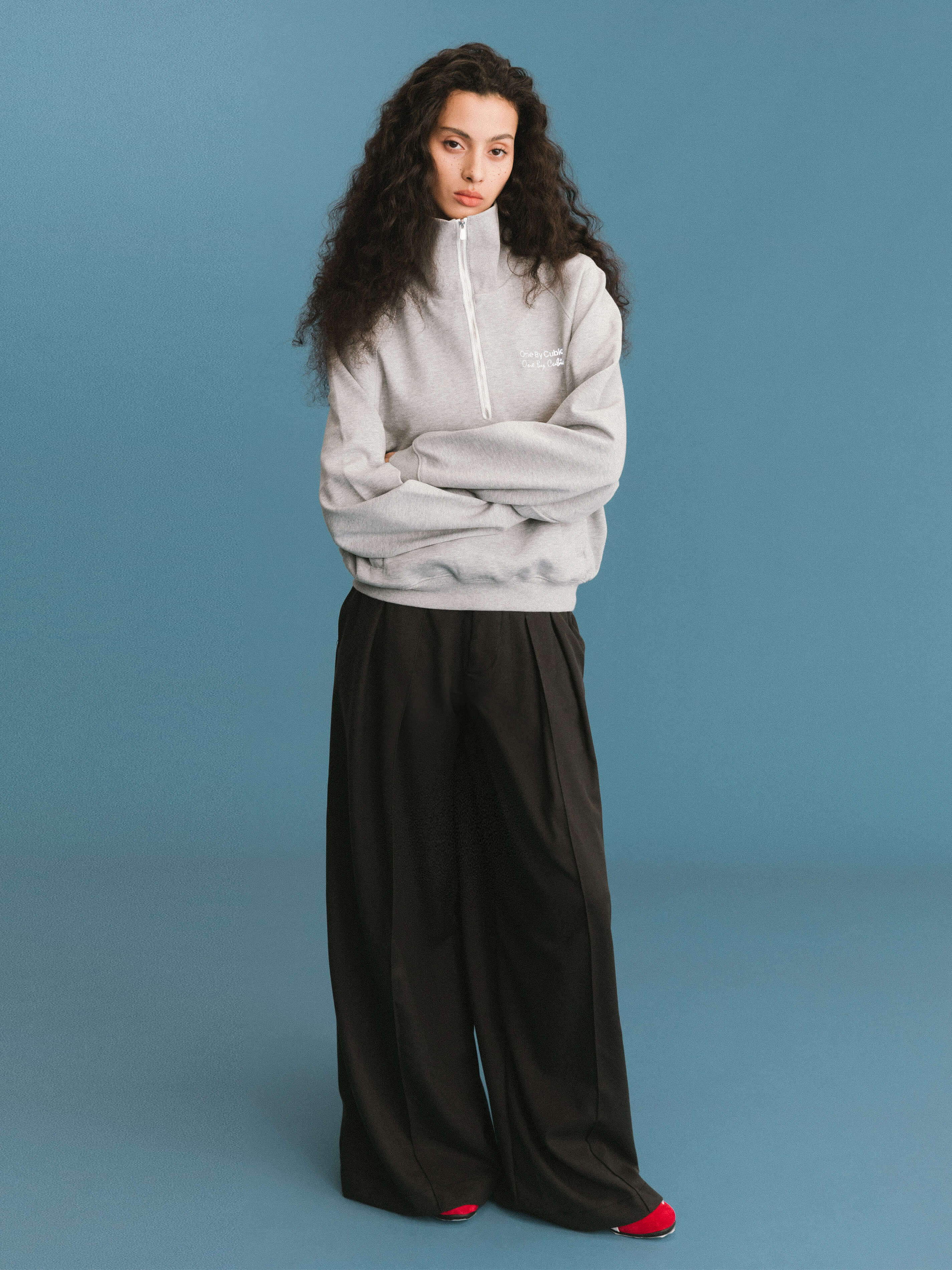 ONE BY CUBIC Pleated Wide Leg Wool Blend Trousers-8