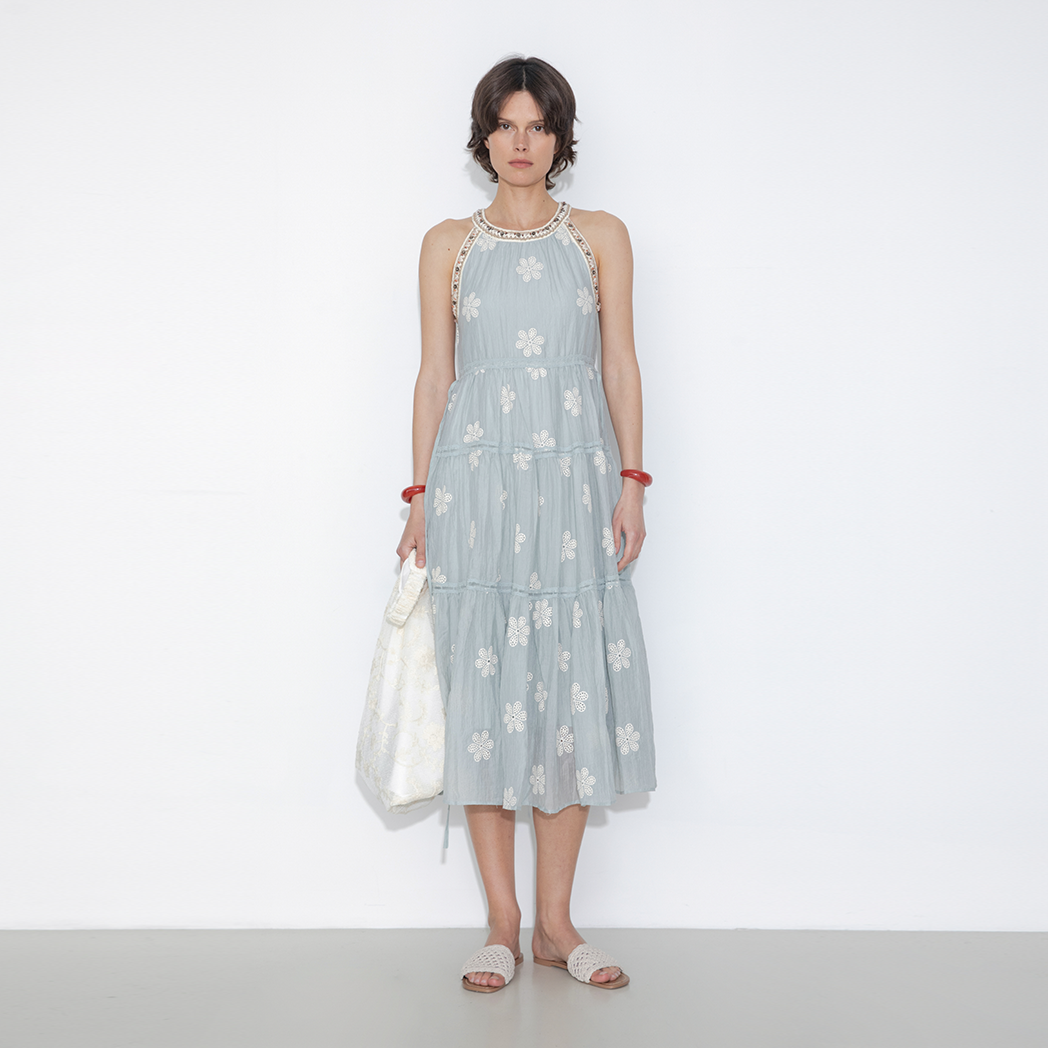 A-Line Halter Round-Neck Embroidered Maxi Dress-9