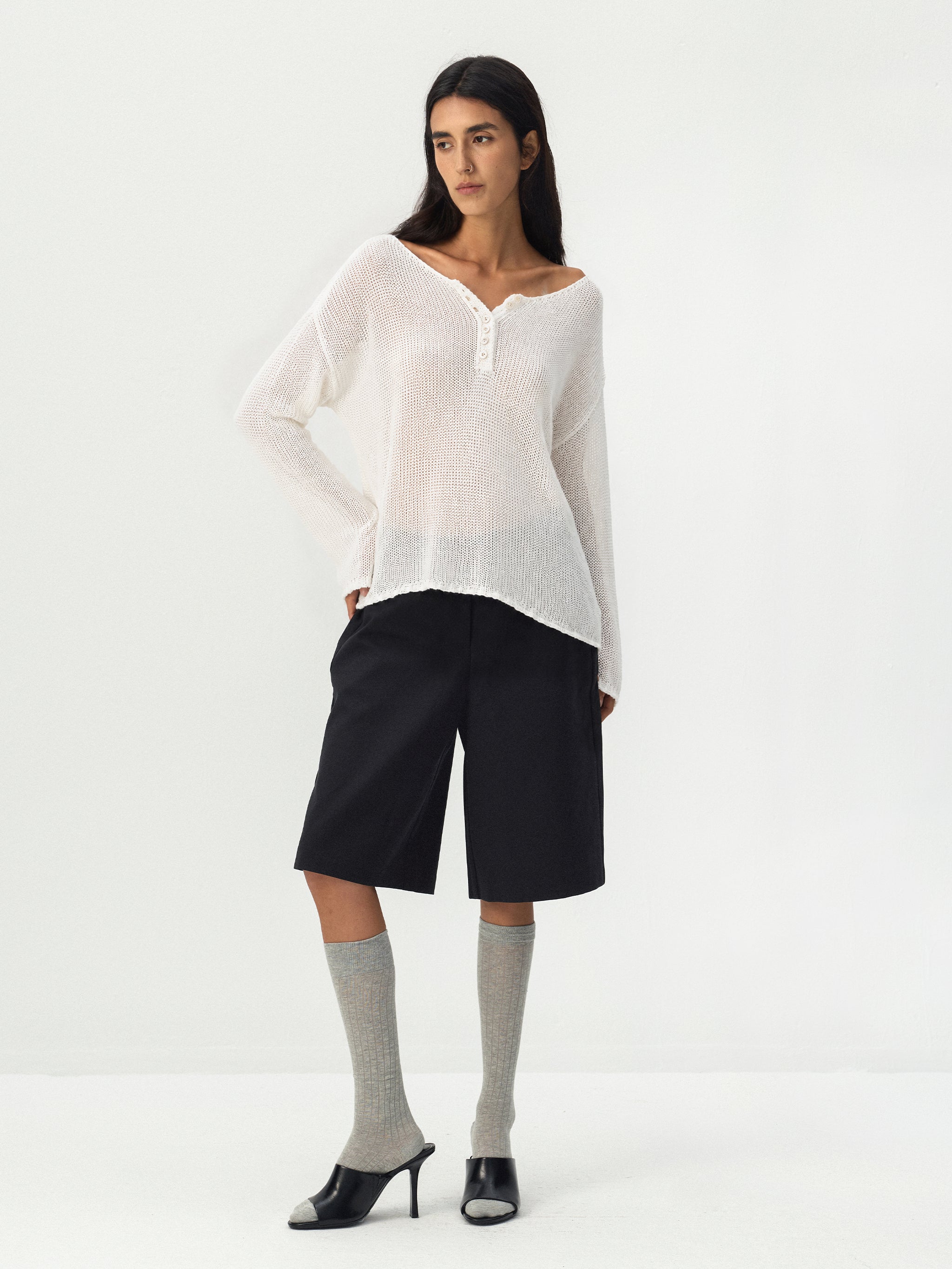 CUBIC Button Detail Open-Knit Top-8