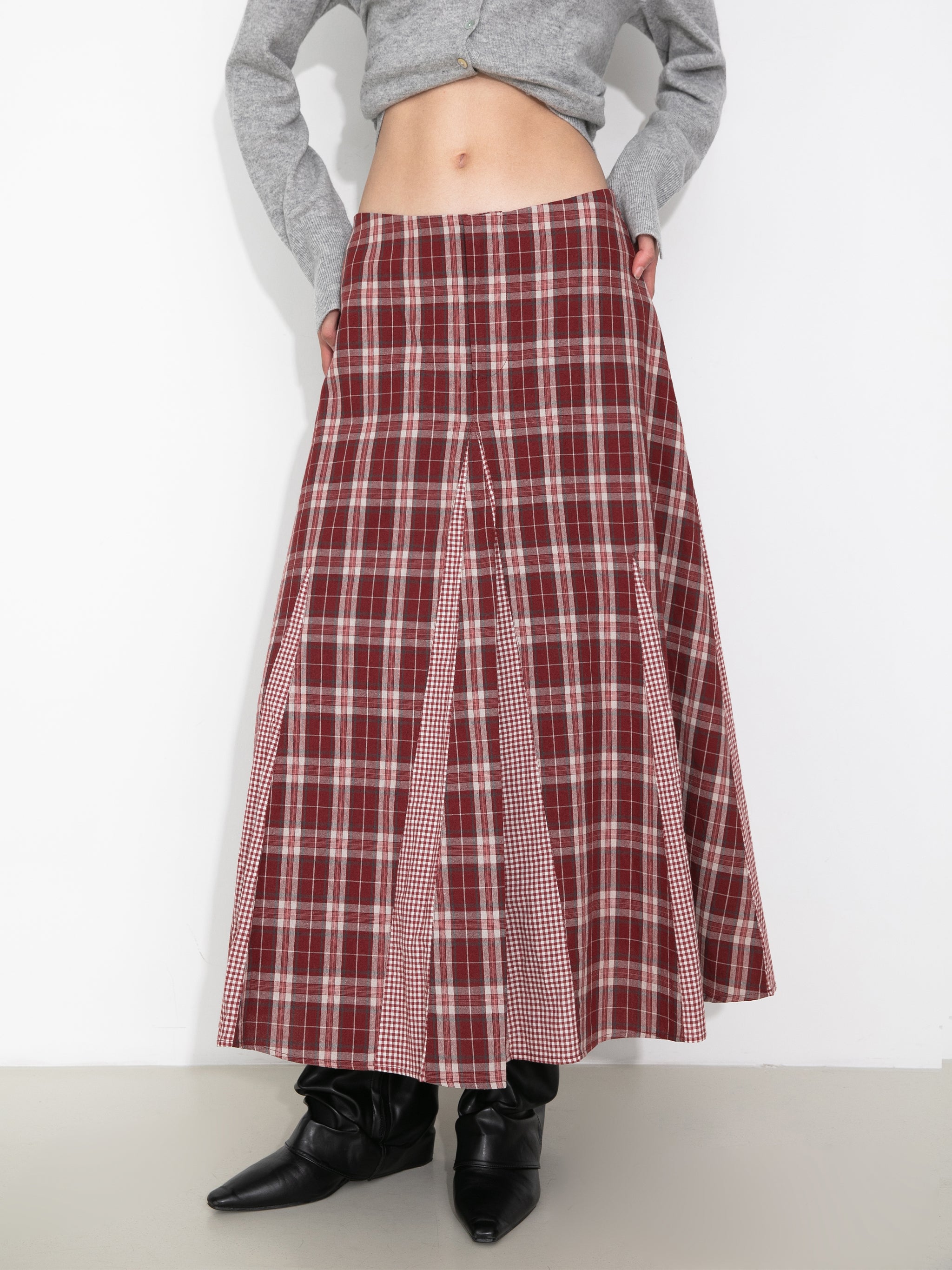 100% Cotton Patchwork Check A-Line Maxi Skirt-8