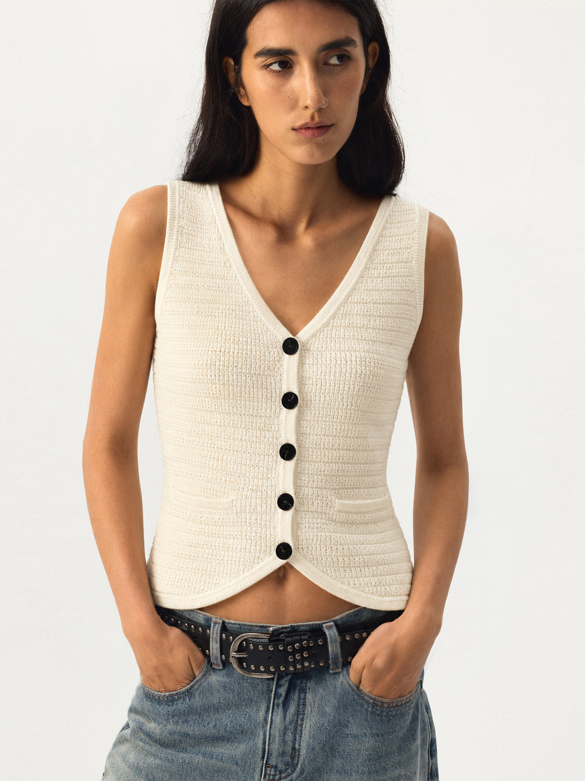 CUBIC V-Neck Button Front Knit Vest-8