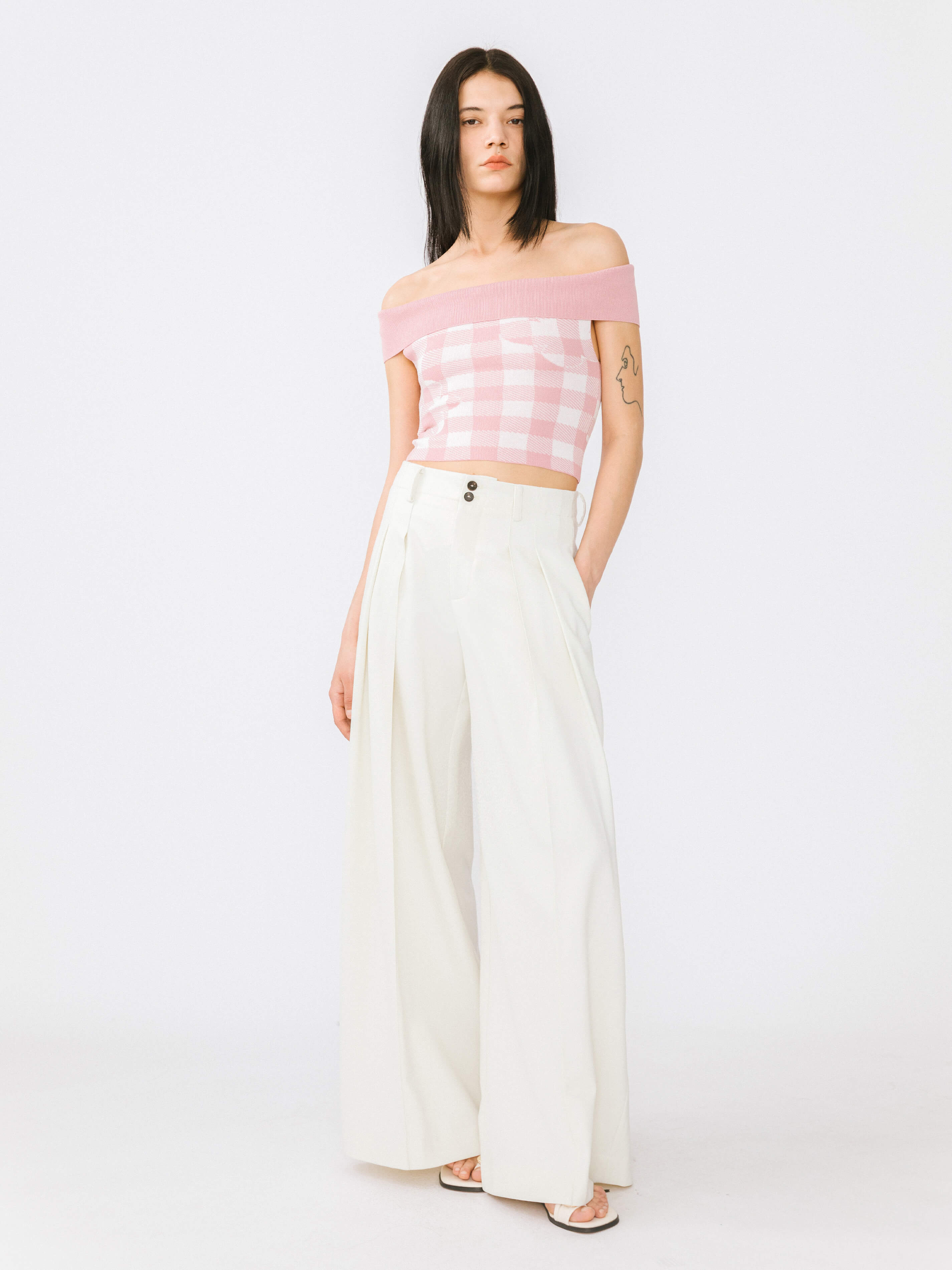 Off-Shoulder Checkered Knit Cami Top-9