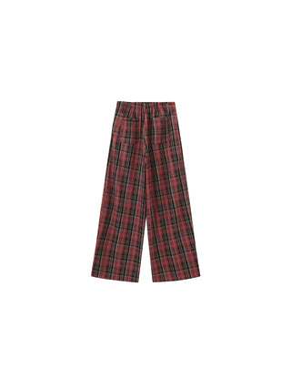 Striped Check Wide-Leg Draped Floor-Length Trousers