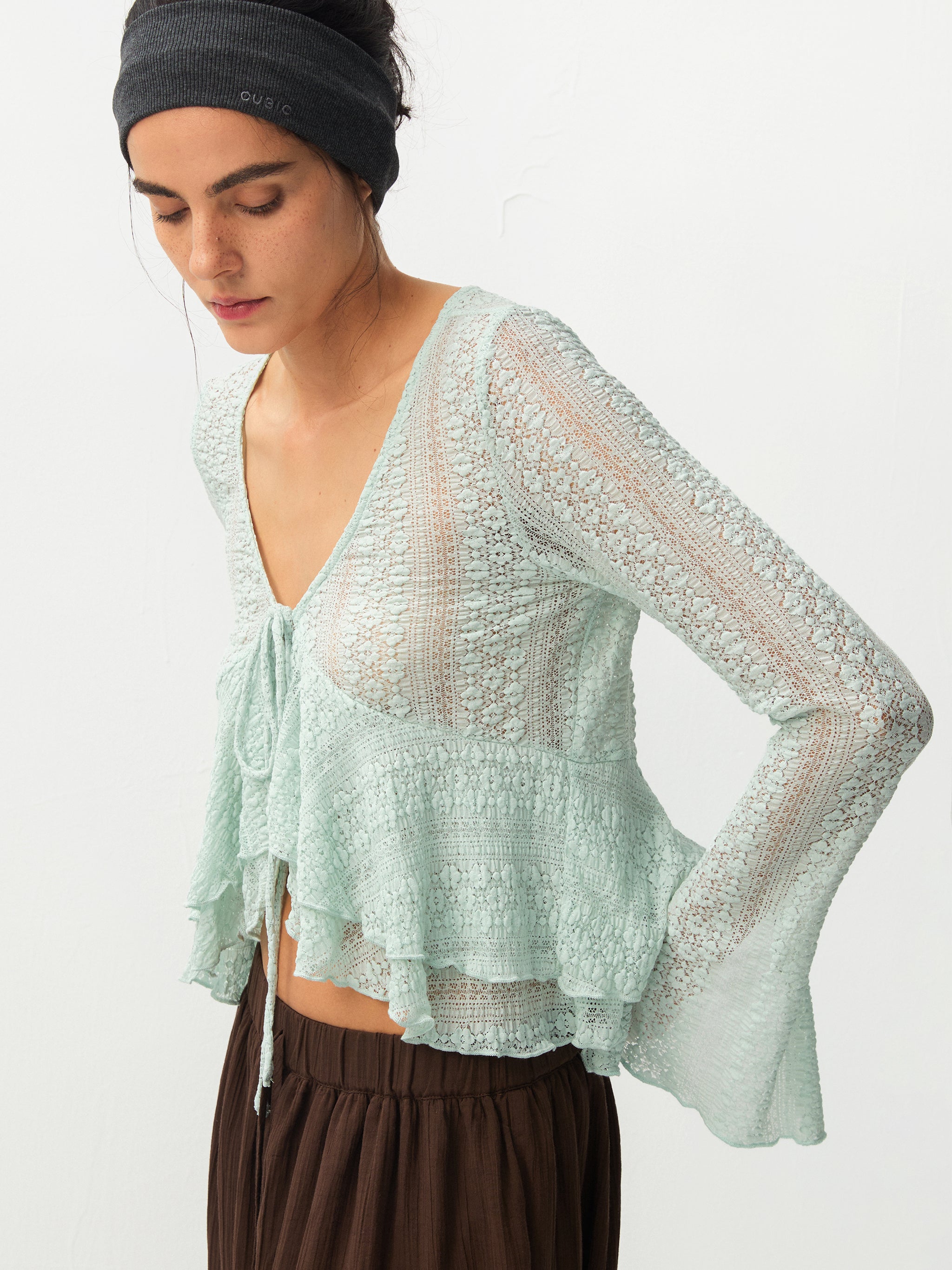 CUBIC Sheer Knit Tie-Front Peplum Top-8