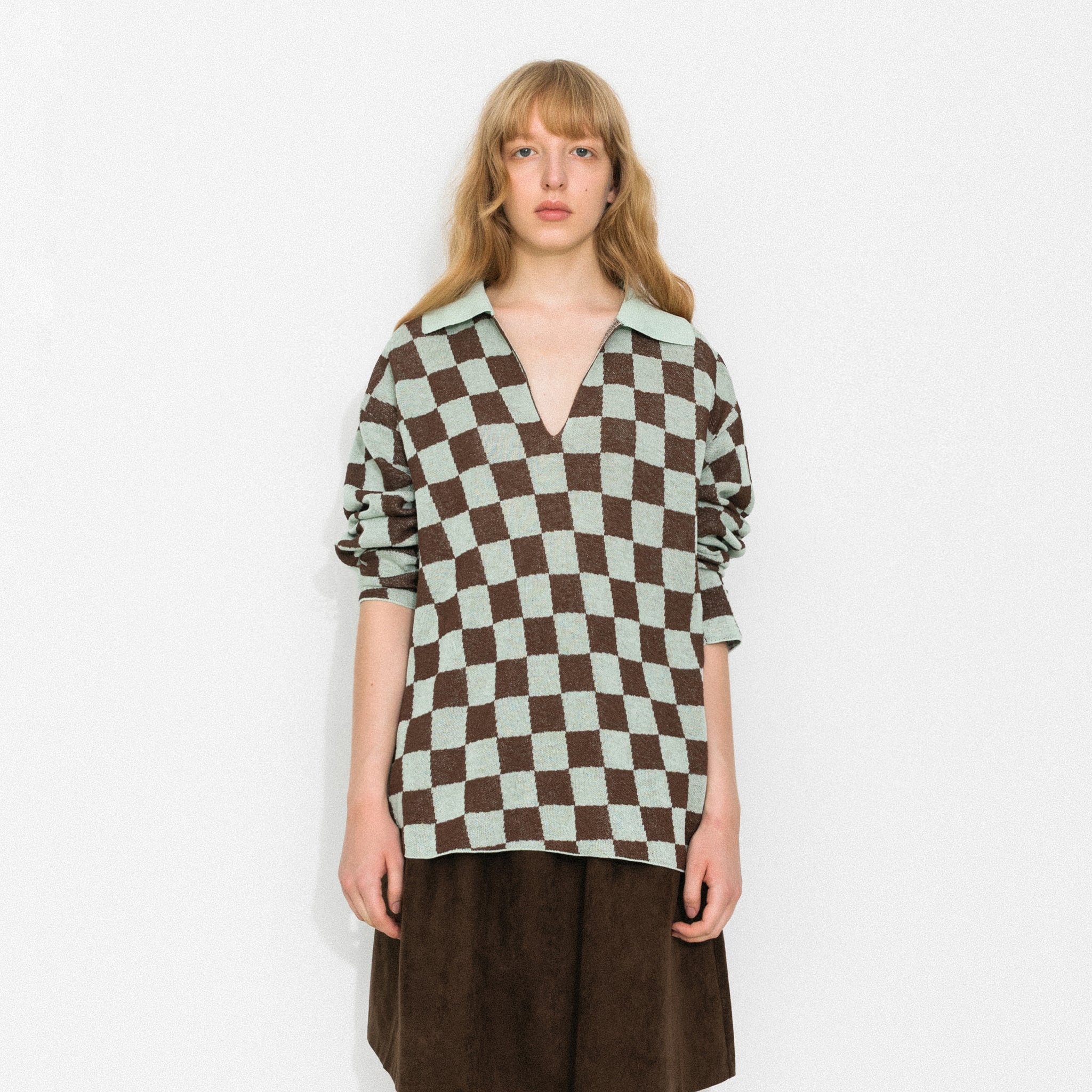 Checkerboard Contrast Knit Top-8